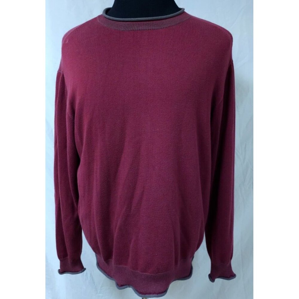Chaps Denim Mens Large Red Grey Pullover Long Sleeve Logo Stretch Sweater